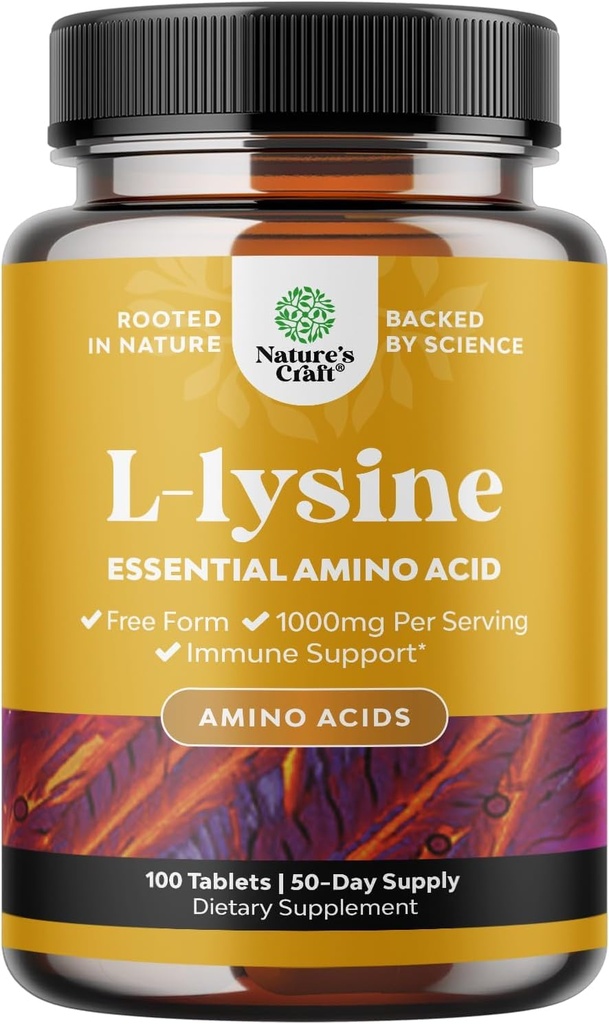 Natures Craft L-Lysine Free Form Kapsul - High Strength L-Lysine Suplement for Eye Health Lip Care Collagen Synthesis dan Dukungan Imune - Escumo Acid - 100mg per Serving - 100 Count