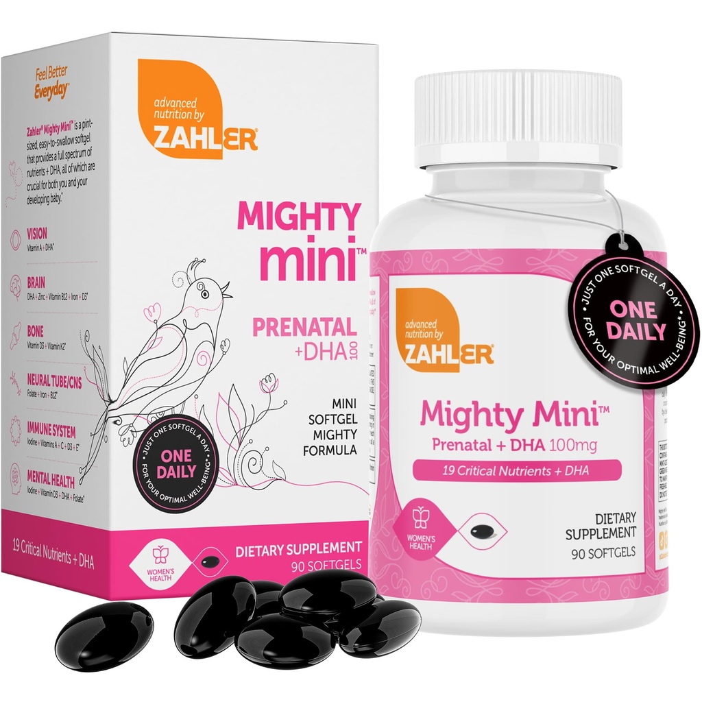 Zahler Mighty Mini Prenatal Vitamin with DHA & Folate - Sertifikasi Kosher - All Natural Prenatal Vitamin - Multivitamin for Pregnant Women - 19 Prenatal Vitamin termasuk Folic Acid (90 Softgeels)