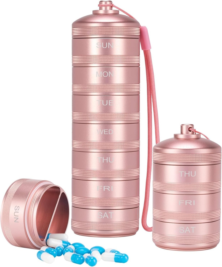 XHT Pink Metal Pill Organizer 7 Day 2 Kali sehari - Aestetic Waterproof AM PM Travel Pill Box, Heavy Duty Pill dan Medical Pill Organizer for Vitamin, Fish Oil & Suplemen