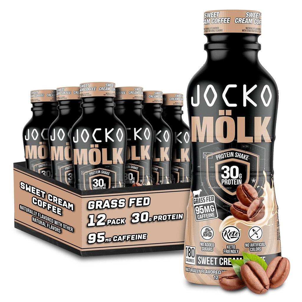 Jocko Fuel Mölk 30g Grass Fed Protein Shakes - Tidak Ditambahkan Sugar Protein Minuman KeTO Friendly - Siap untuk Minum 12 FL Oz (Paket Kopi Krim Manis) Manis