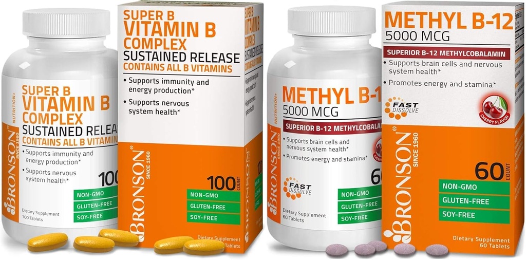 Bronson Methyl B12 5000 mcg Vitamin B12 Methylcobalamin Lozenges + Super B Vitamin B Kompleks Stabil