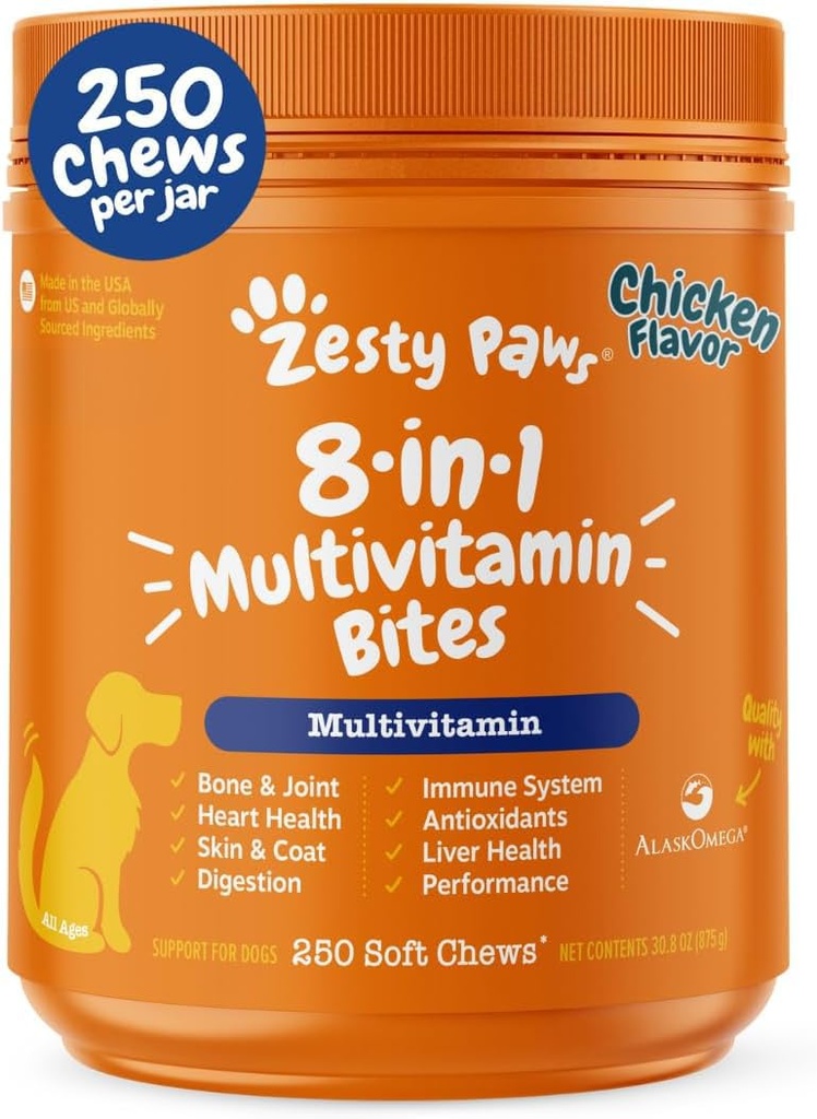 Zesty Paws Dog Multivitamin, Chewable Dog Vitamin and Suppins for Hip & Joints, Skin & Coat, Omega 3 Fish Oil untuk Dogs- Senior & Puppy Multivitamin - Chicken- 250ct