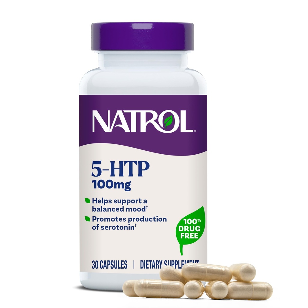 Natrol Mood + Stress 5- HTP 100 mg, Dietary Suplemen untuk Mods Balanced, Kapsul untuk Dewasa, 30 Capsules, Hingga Supply 30 Hari