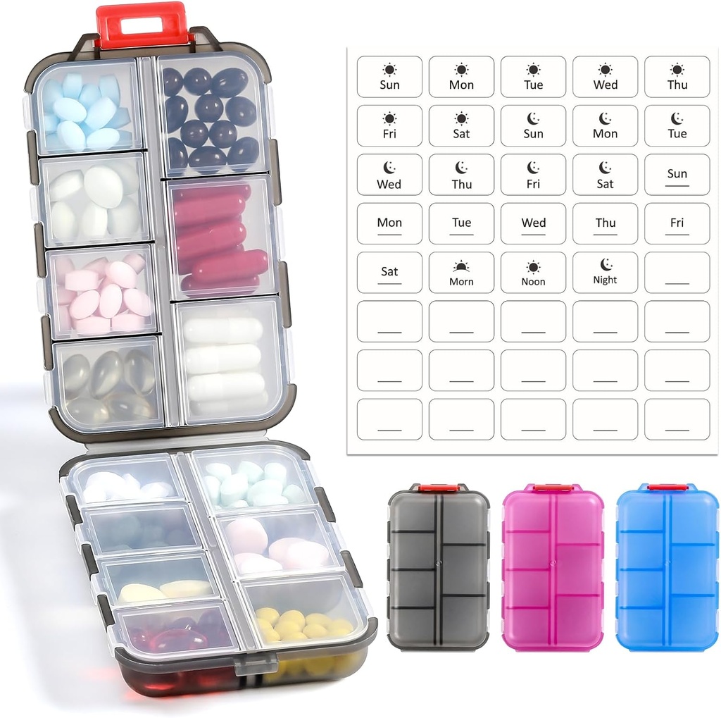 3 Paket 14 GRIDS Travel Pill Organizer Box dengan Label - Travel Case Kit - Pocket Daily Farmacy Container - Travel Medication Holder Dispenser untuk Penyimpanan Minyak Vitamin - Hapus