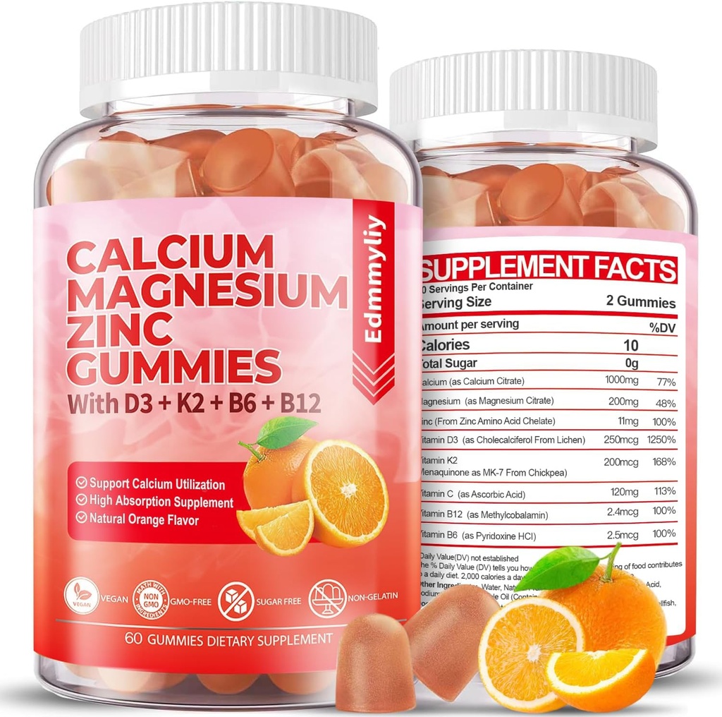 Sugar Free Calcius Magnesium Zinc Tambahan Gummies dengan Vitamin D3 & B12 untuk Perempuan dan Pria Tinggi Absorpsi Kalsium Magnesium Tambahan Imune (120 Counts)