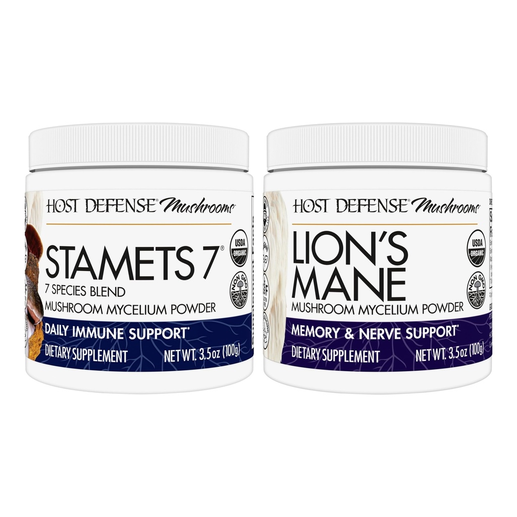 Host Defense Bundle dengan Stamets 7 Jamur, 3.5 oz & Lion 's Mane Powder, 3.5 oz - Dukung Imune Health dengan 7 Species Blend - Dukung Otak Kesehatan, Memory & Fokus *