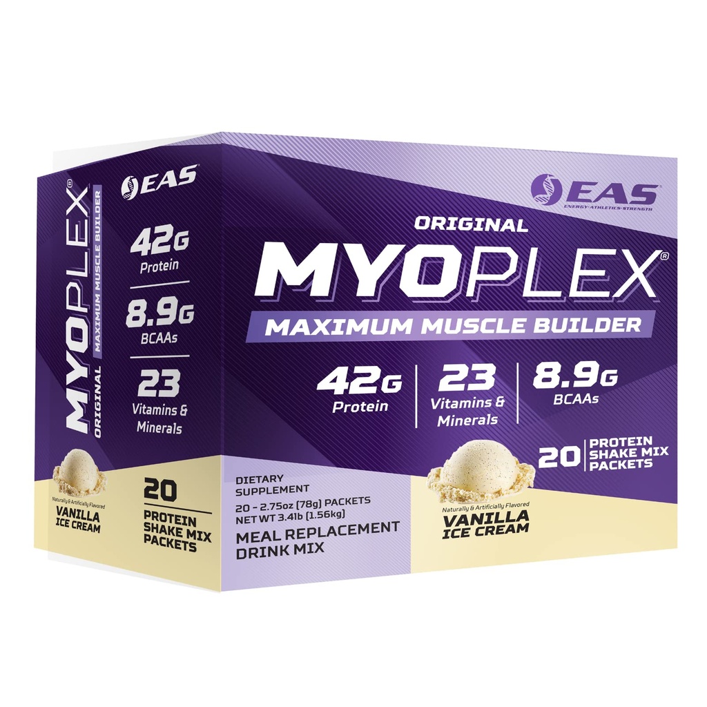 Eksperimental and Applied Sciences EAS Original Myoplex Maximum Muscle Builder 124; Meal Replacement Protein Minum Mix 126; Quality Protein Kembang 124; 42g Protein 124; 20 Paket Individu (Vanilla Ice Cream)