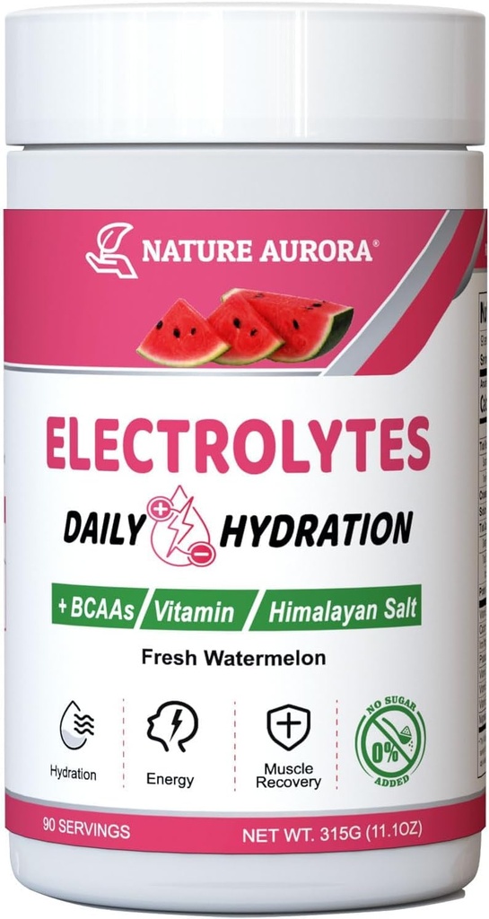 Electrolytes Powder No Sugar, Fresh Watermelon Bewder, Hidration Powder, Enhanced with Himalaya Salt, BCAAs, and BCAKas, No Calories, Sugar Free Keto Electrolite Drink - 90 Servings