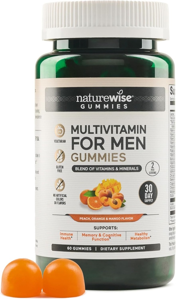 NatureWise Multivitamin for Men, Gummies Peach Mangga Flavor, for Imune Health with Minemale & Vitamin A, C, D, E, B6 and B12, Vegetarian, Soy- Free, Non-GMO, 60 Count [Persediaan 1 Bulan]