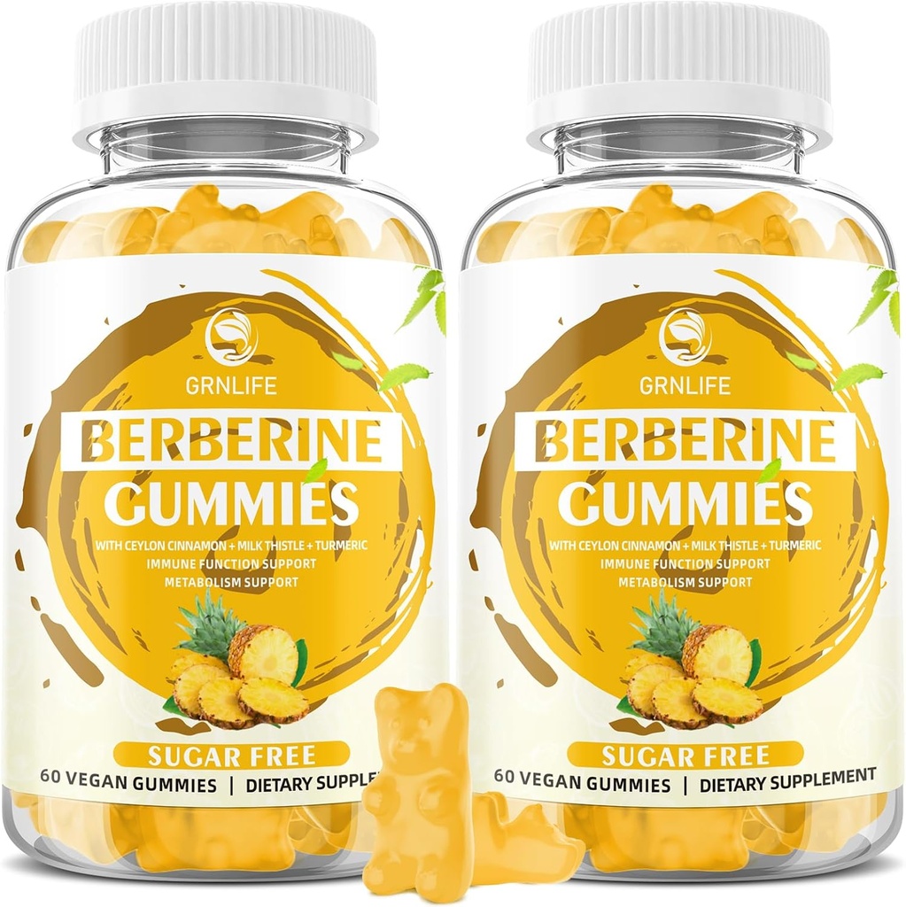 Berberine Gummies dengan Ceylon Cinnamon 1500mg Potensi Tinggi Berberine HCL Tambahan untuk Imune dan Metabolisme Dukungan, Sugar Free, Pineapple Flavor - 120 Count