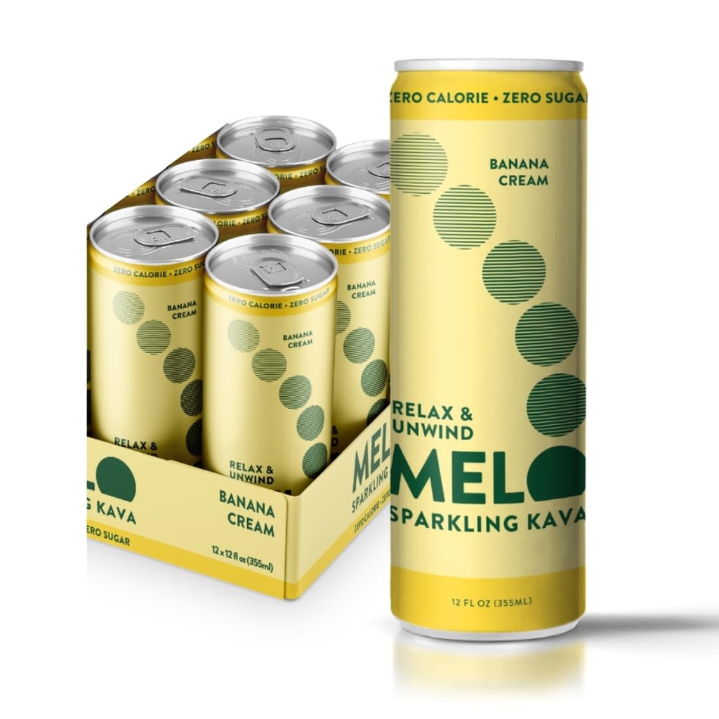 Melo Sparkling Kava Drink, Pisang Cream, Sugar Free Non Alcoholic Drink with Zero Calories, Gluten Free, Vegan, 100% Natural Mocktail with 100mg Kava Root per Drink, 6 Pack, 12 oz Cans