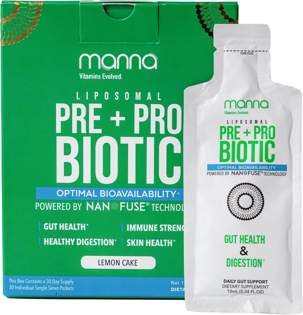 Manna Vitamin Evolusi Lipomal Prebiotic + Probiotic Packets - 40 Milyar CFU, 8 Strains - Gut, Digetical, Imune Dukungan - Absorpsi Tinggi, Shelf- Stabil, Daily Suplemen, 30 Single Serves