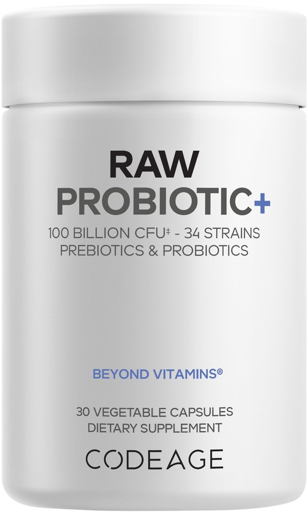 Codeage Probiotic + Suplemen Raw - 34 Prototik Strains, 100 Milyar CFU, Raw Whole Food Progories, Digetical Enzymes, Raw Fruits & Vegies Pregories