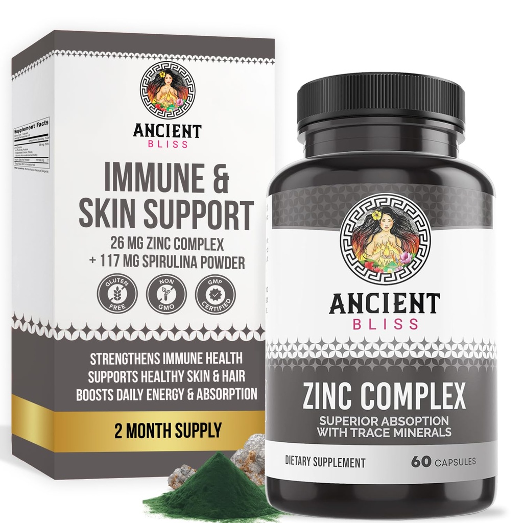 Zinc Complex Capsules dengan Enhanced Absorpsi, antioksidant & Imune Suplemen Dukungan, Suplemen Zinc untuk Pria & Women oleh Kebahagiaan Kuno (60 Katup)