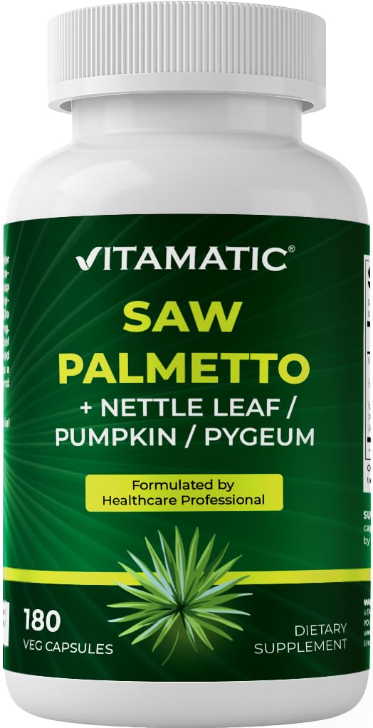 Vitamatic Saw Palmetto Extract for Men & Women 180 Veg Capsules - Made with Labu Benih, Pygeum, Nettle Leaf - Made in The USA - Promotes Heally Prostate Fungsi