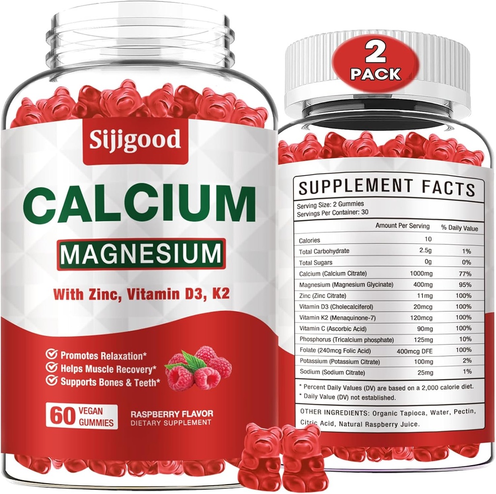 2 Pack Calcium Magnesium Zinc Gummies dengan Vitamin C D3, Calcium Gummim for Bone, Muscle, Calm & Zzz Dupport, High Absorpsi Formula dengan Magnesium Zinc Potasium, Raspberry Flavored 120 Cts