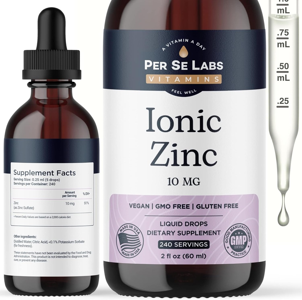 Per Se Labs Ionic Zinc Liquid - 10 mg Tinggi absorpsi 240 Serbu Zinc Drops untuk Dewasa - Imune Dukung Skin Care Zinc Sulin Antioksidant Tambahan - 2 Oz