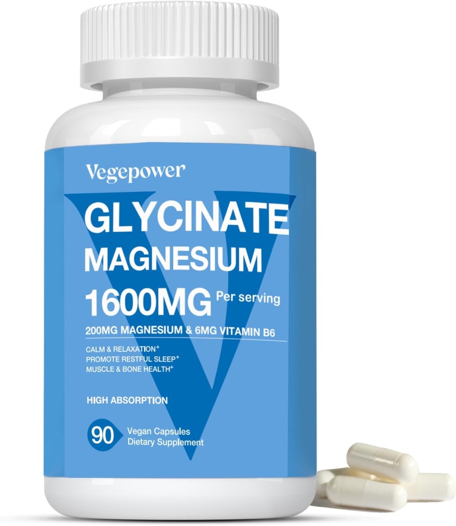 Magnesium Glycinate 1600mg Supplemen - dengan Vitamin B6 & Zinc, Vitamin D3, Chelated Magnesium untuk Tidur, Muscle, Bone dan Immune Health, Asorpsi Magnesio Tinggi, Non-GMO, Vegan 90 Capsules