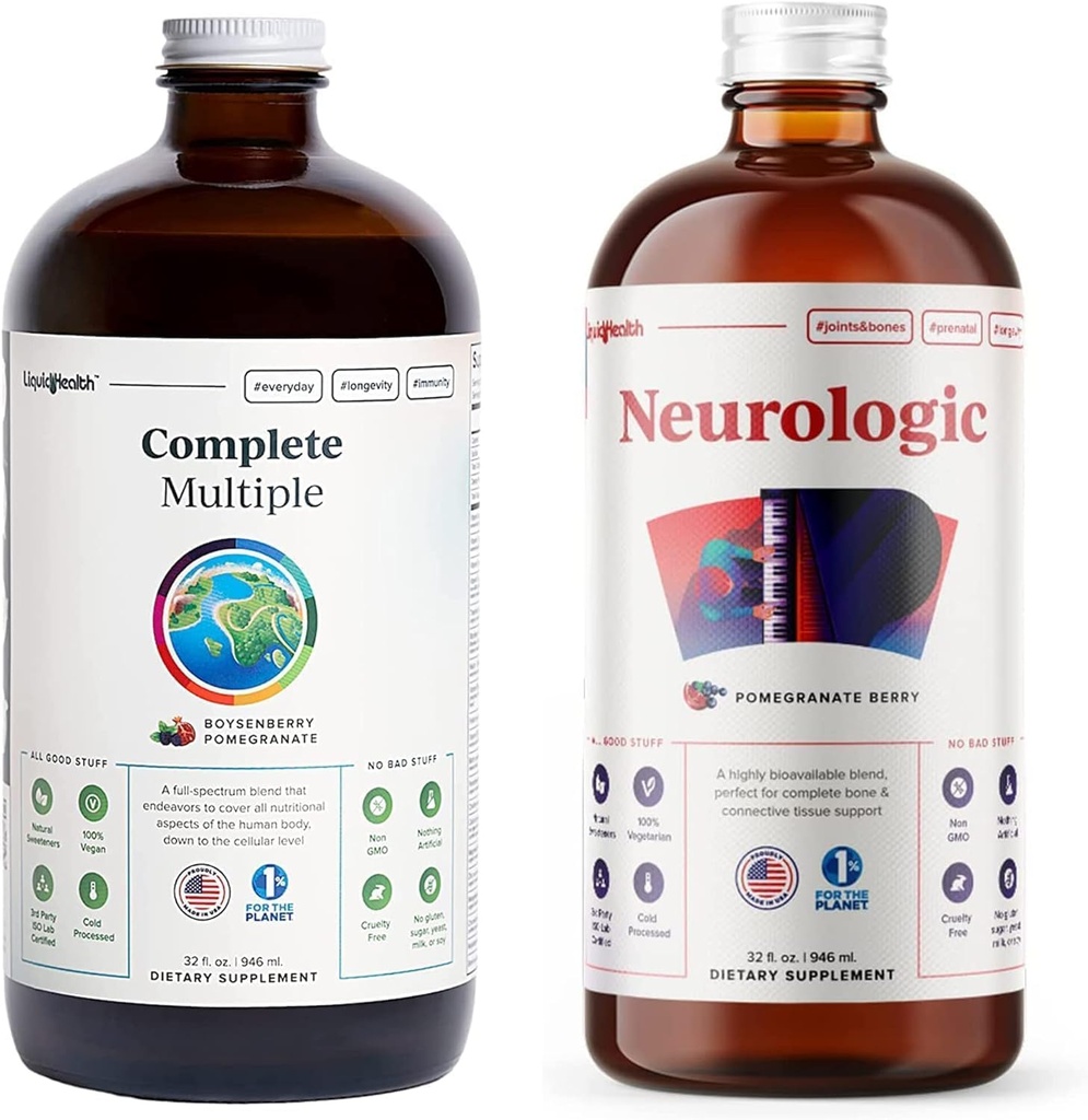 LIQUIDHEALTH Lengkap Multivitamin Harian & Neurologic Nootropic Liquid Bundle untuk Orang dewasa - Dukungan Ammune Boost, Membuktikan Memori, Fokus & Konsentrasi - Vegan, Non-GMO, dibuat di Amerika Serikat