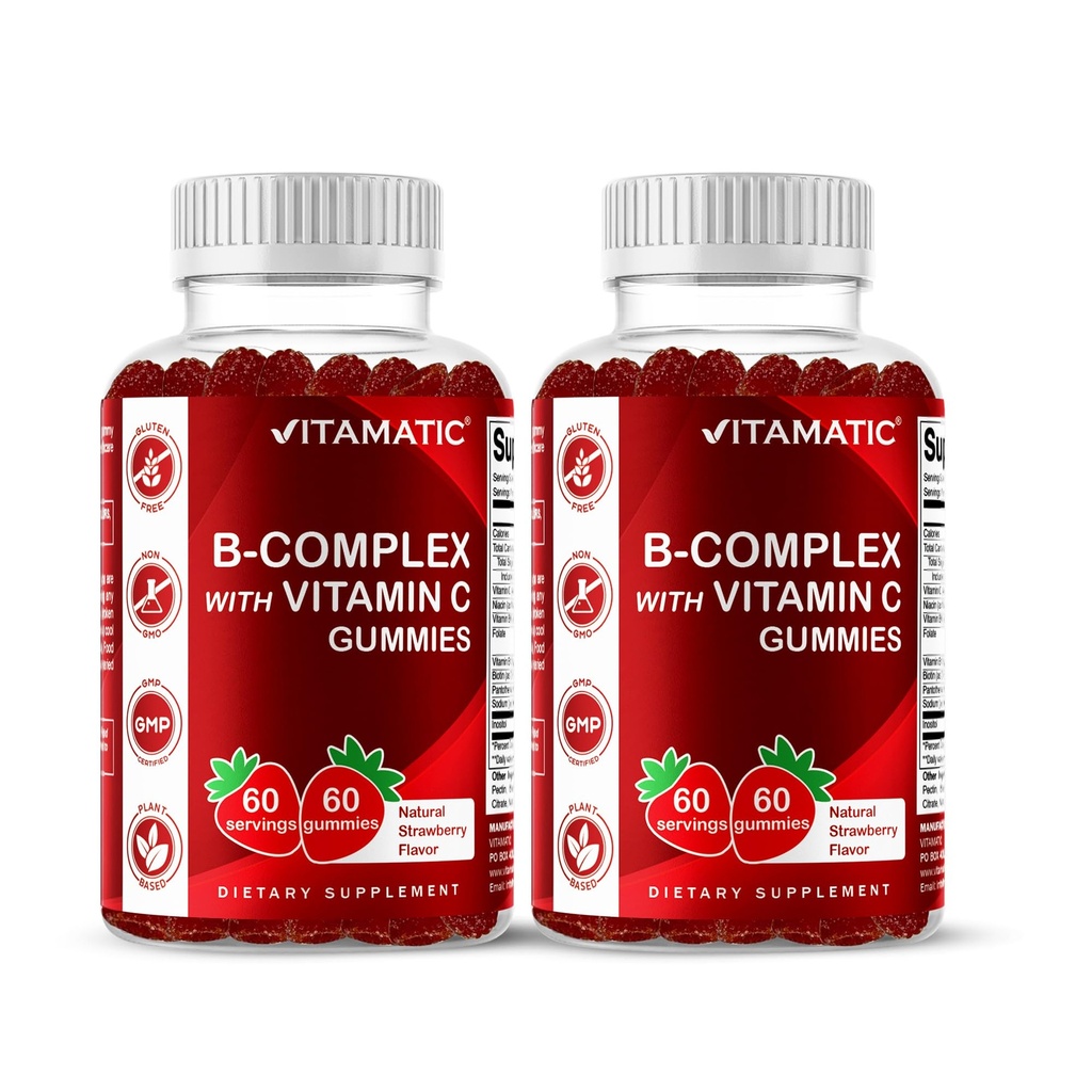 Vitamin Vitamin B Kompleks Gummies dengan Vitamin C & Inositol - Natural Strawberry Flavor - 60 Gummies (2 Botol)
