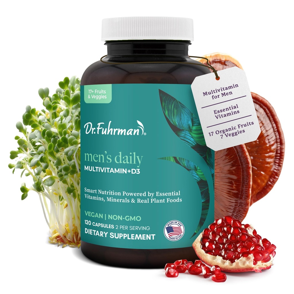 Dr. Fuhrman Multivitamin untuk Pria + D3 Vitamin untuk Dukungan Imune; Vegan Formula Men Multivitamin dengan B12 & Zinc 124; Whole Food Multivitamin Packed dengan 17 Frugies & Vegies 124; Non GMO 124; 120 Capsule
