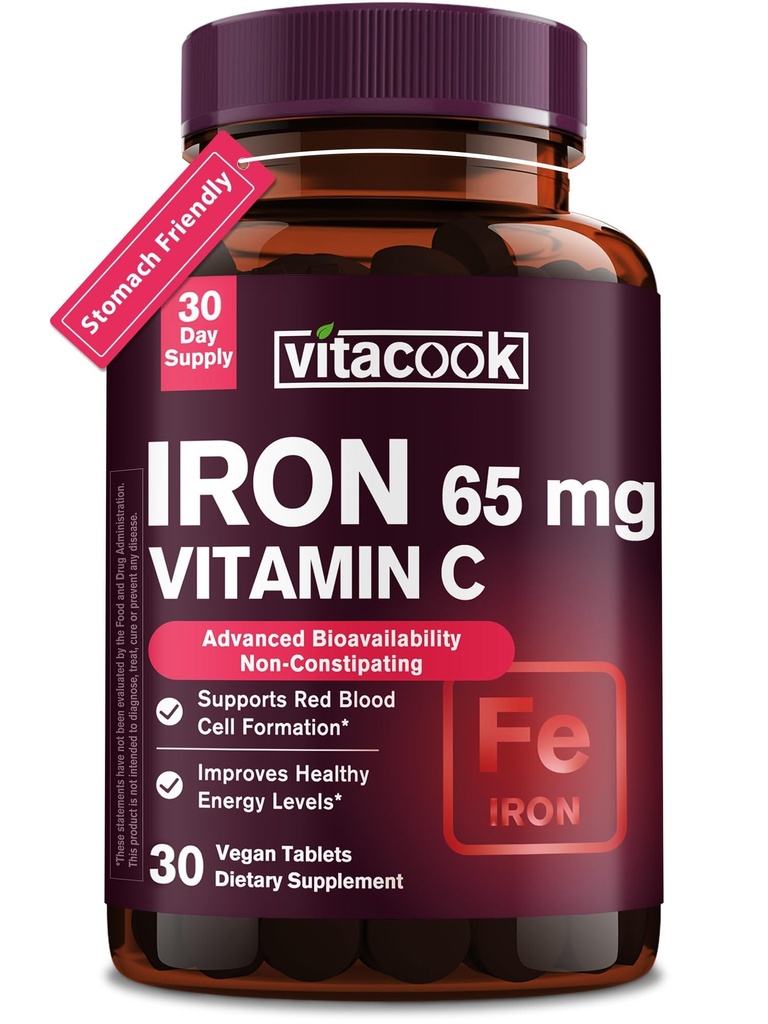 Iron Suplemen untuk Pria Perempuan 124; Potensi Tinggi Besi 65mg dengan Vitamin C 250mg 124; Stomach Pill Besi Friendly untuk Red Blood Cell & Imune Dukungan 124; Vegan, Non-GMO & Gluten Free 124; 30 Tab