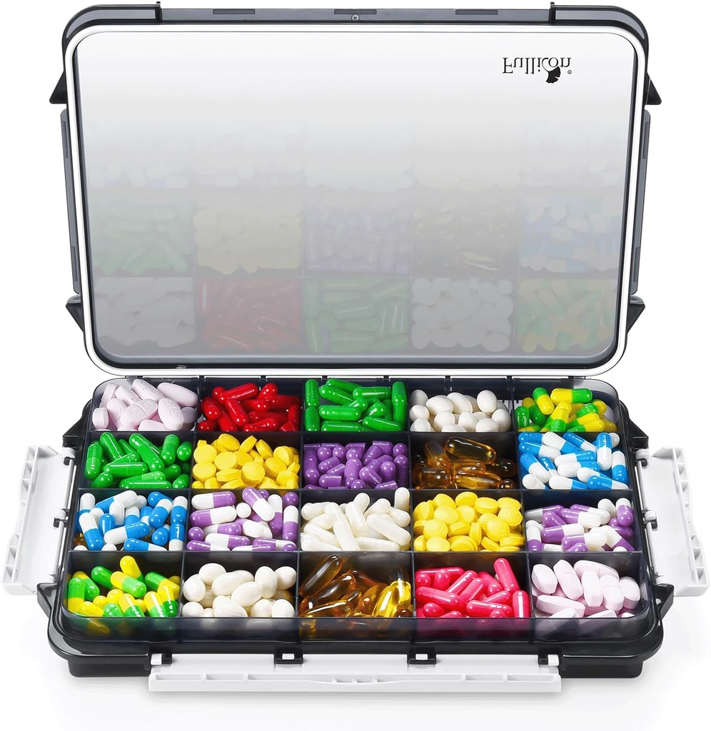 Fullicon Extra Large Pill Organizer dengan Desain Bukti Moisant, Kotak Pil Jumbo dengan 20 Kompartemen, Tambahan Penyelenggara untuk Vitamin dengan 3 Secure Buckles (Hitam)