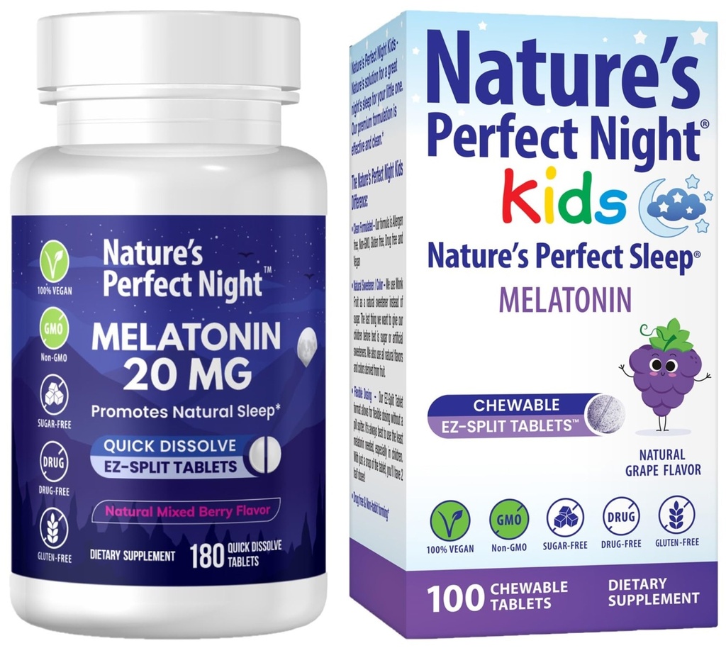 Nature 's Perfect Night Bundle 124; Melonatin 20mg 124; Anak-anak melonatonin 1mg 124; 180 Count 124; 100 Count 124; Sugar Free 124; Gluten Free 124; Non-GMO 124; Vegan