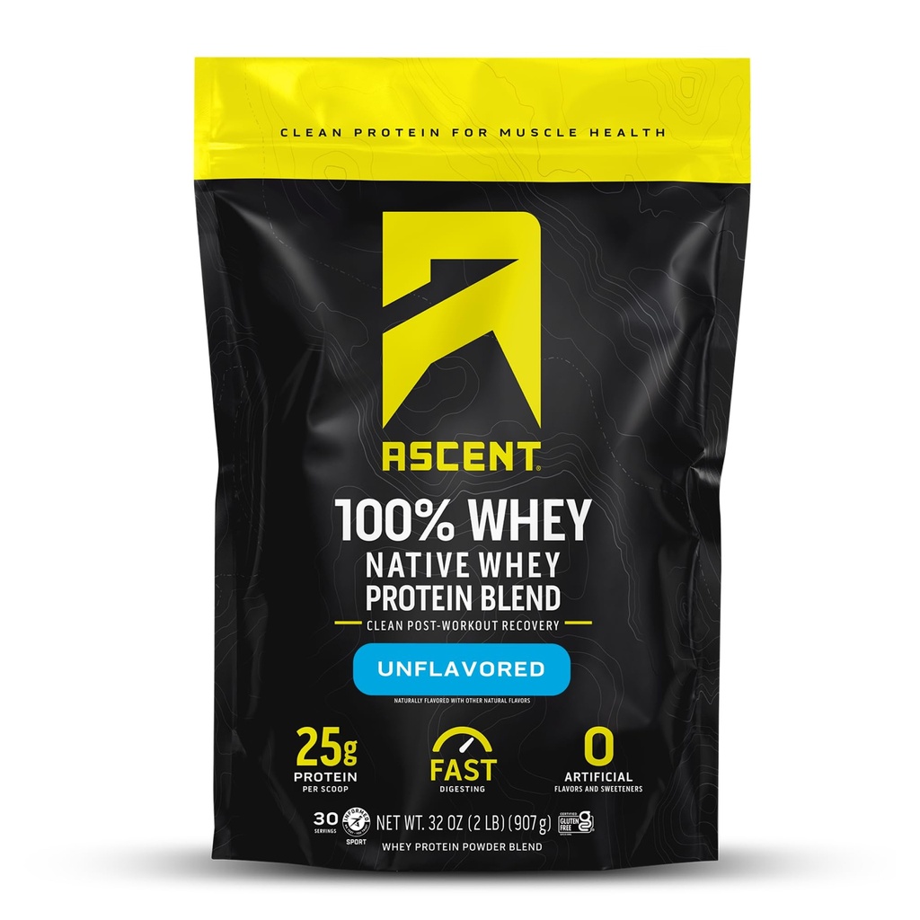 Ascent 100% Whiy Protein Powder - Post Workout Whey Protein Isolate, Zero Artificial Flavors & Sweeteners, Gluten Free, 5.5g BCAA, 2.6g Leucine, Unflafeitored 2 lb