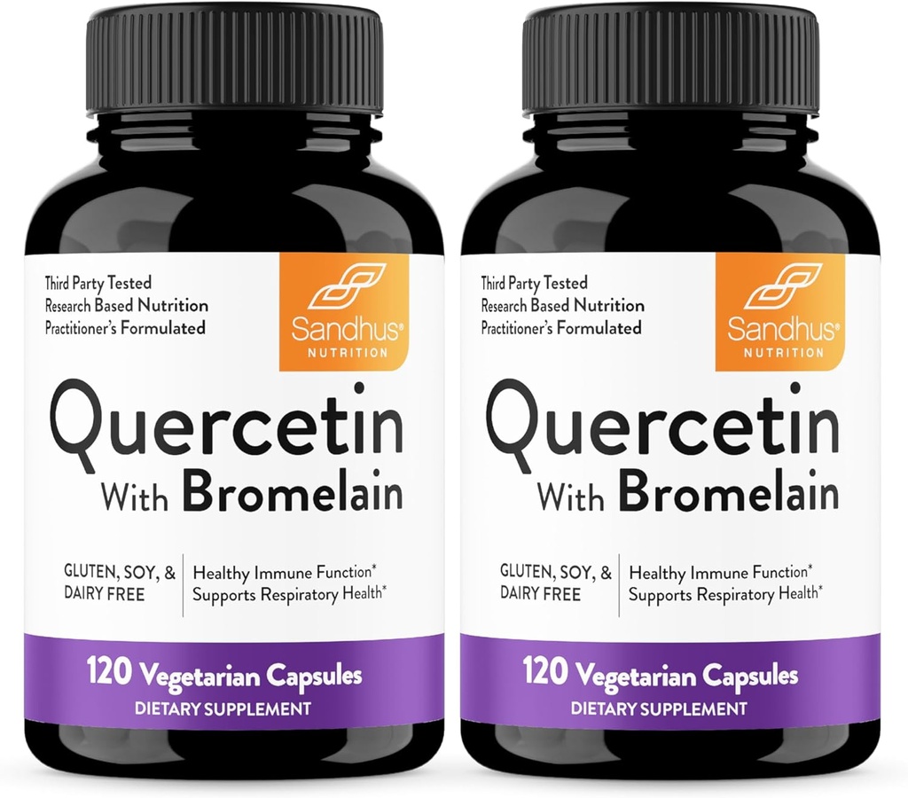 Sandhu 's Quercetin dengan Bromelain Vegetarian Capsules Suplemen 120 (Pack of 2) Alag 124; Bioflavonoid untuk Imune Dukungan & Respiratory Health, Seasonal Allergy Dukung 12.4; Quercitin untuk Pria dan Perempuan