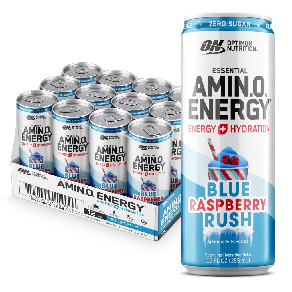 Optimum Nutrition Amino Energy Sparkling Hydration Drink, Electrolytes, Caffeine, Acids Acids, BCAA, Sugar Free, New Blue Raspberry Rush, 12 Fl Oz, 12 Paket (Packaging May Vary)