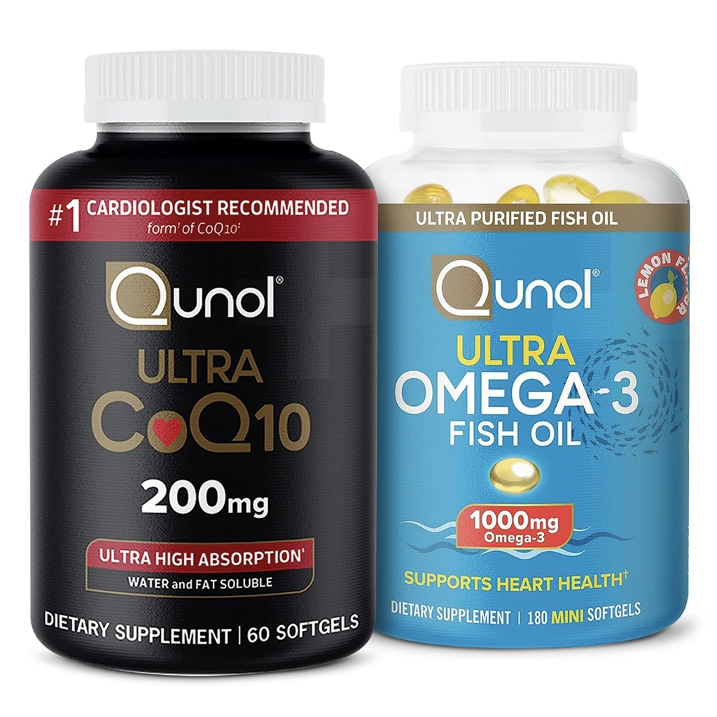 Qunol Ultra CoQ10 200mg Softgels - Ultra High Absorpsi Koenzim Q10 Suplemen - 2 Bulan Supply - 60 Count + Minyak Ikan Omega 3 Mini Softgel, 1000mg Omega 3 EPA + DHA, 3 Bulan Pasokan, 180 Count