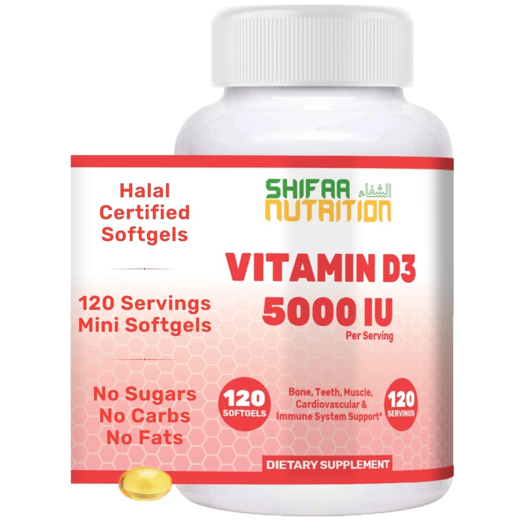 SHIFAA NUTRITISI Halal Vitamin D, Halal Vitamin D3, 5000 IU Softgels, 120 pelayan. GMO None, Gluten- Free, Support: Struktur, Bones, Teeth, Heart, Muscle & Imune Functions