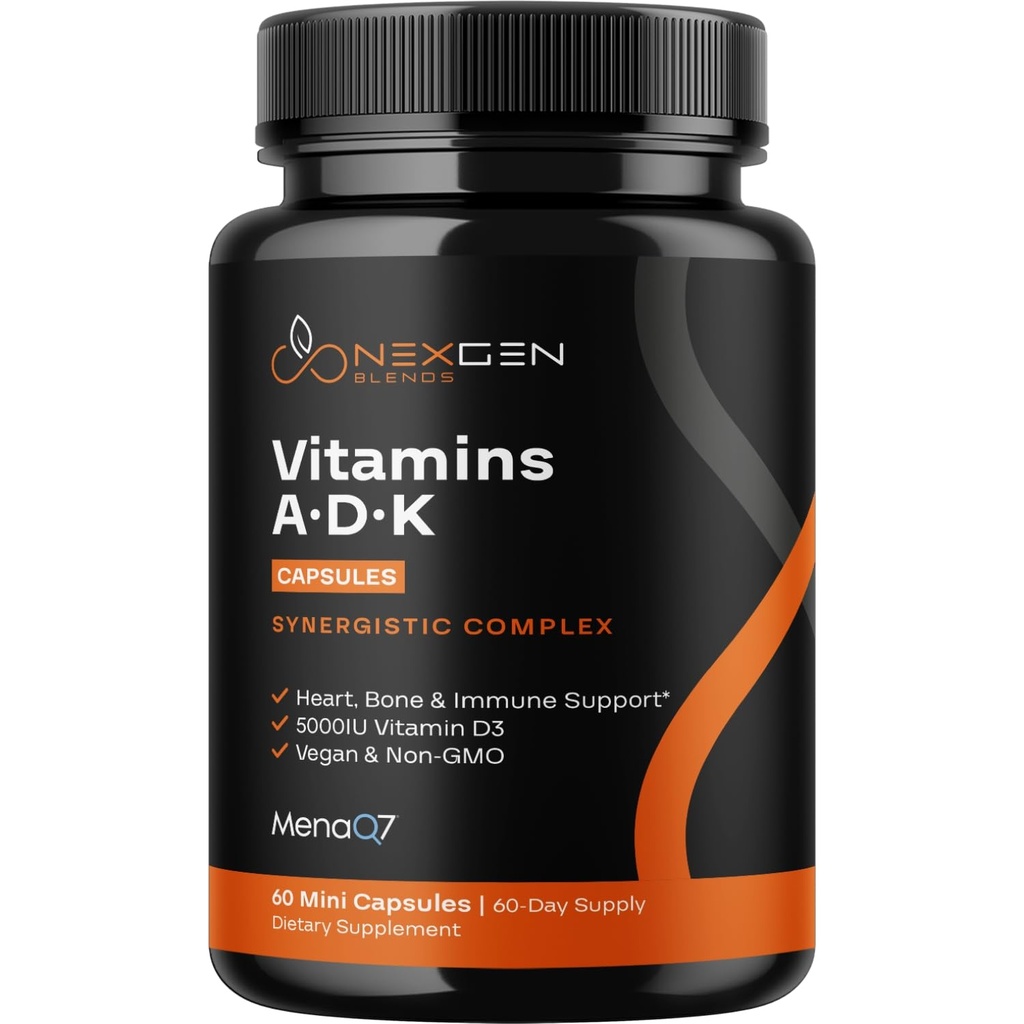 Absorpsi Tinggi ADK Vitamin Suplemen - Vegan Vitamin D3 MK7 & A untuk Regulasi Kalsium Plus Sake Heart Thyroid & Imune Dukungan - Vitamin ADK dengan 5000IU D3 Non GMO & Gluten Bebas (2 Bulan)