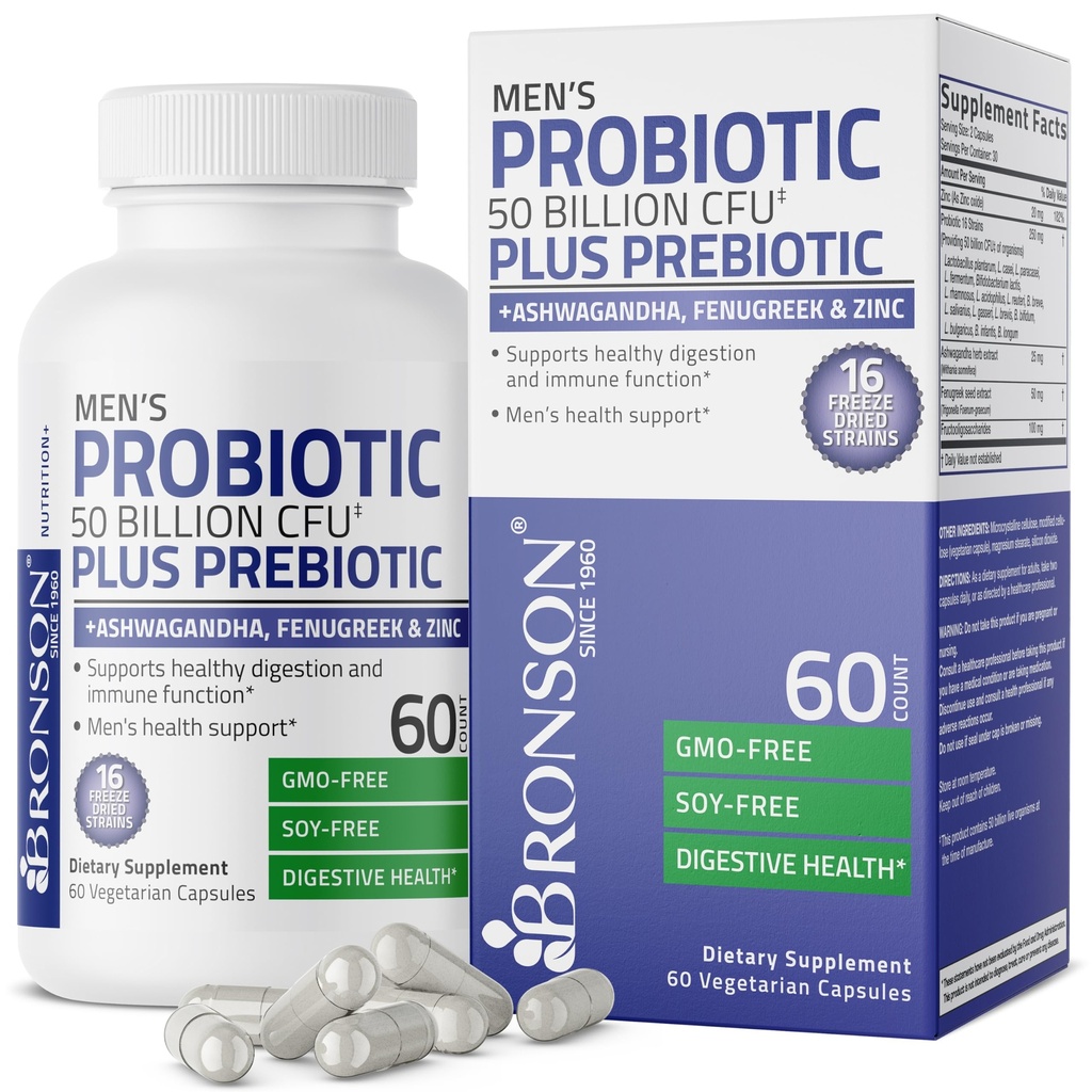 Probiotik Bronson Men 50 Milyar CFU Plus Prebiotic dengan Ashwagandha, Fenugreek & Zinc, Pasokan Dibisteria Sehat & Imune Fungsi Non-GMO, 60 Vegetarian Capsules