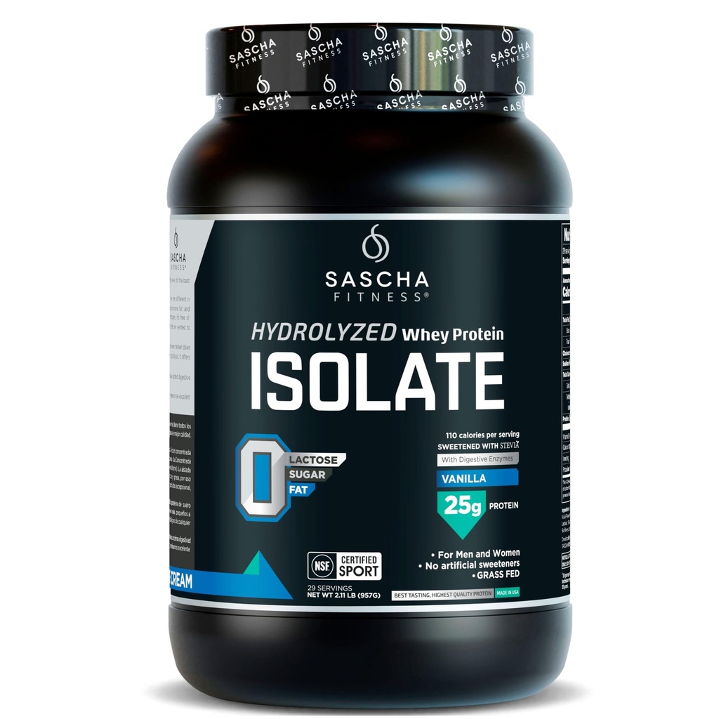 SASCHA FITNESS Hydrolyzed Wey Protein Isolate, 100% Grass- Fed (2 Pounds, Vanilla)