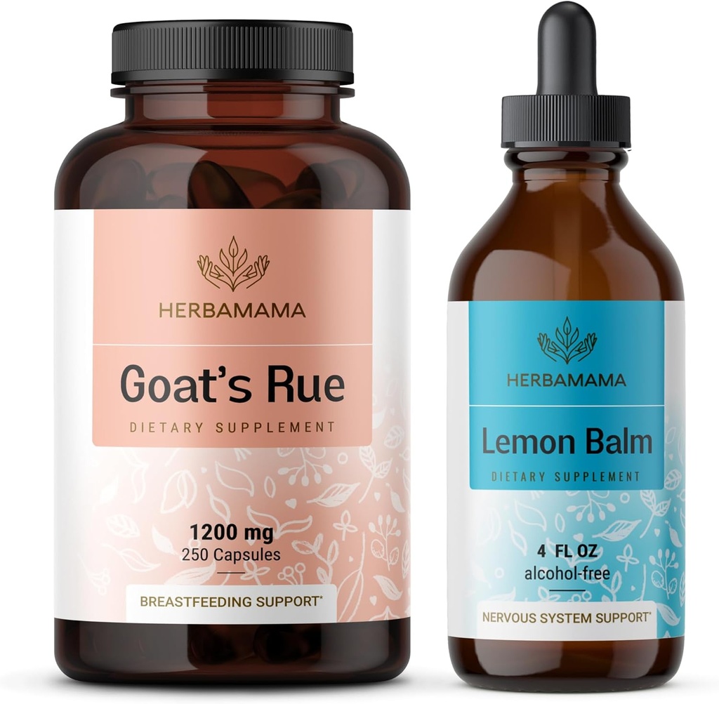 HERBAMAMA Goat 's Rue and Lemon Balm Kit - Bundle of 1200 mg Goat' s Rue Capsules & Lemon Balm Liquid Drops 4 lf oz - Vegan, Non- GMO, Sugar & Alcohol- Free - 2 Pack