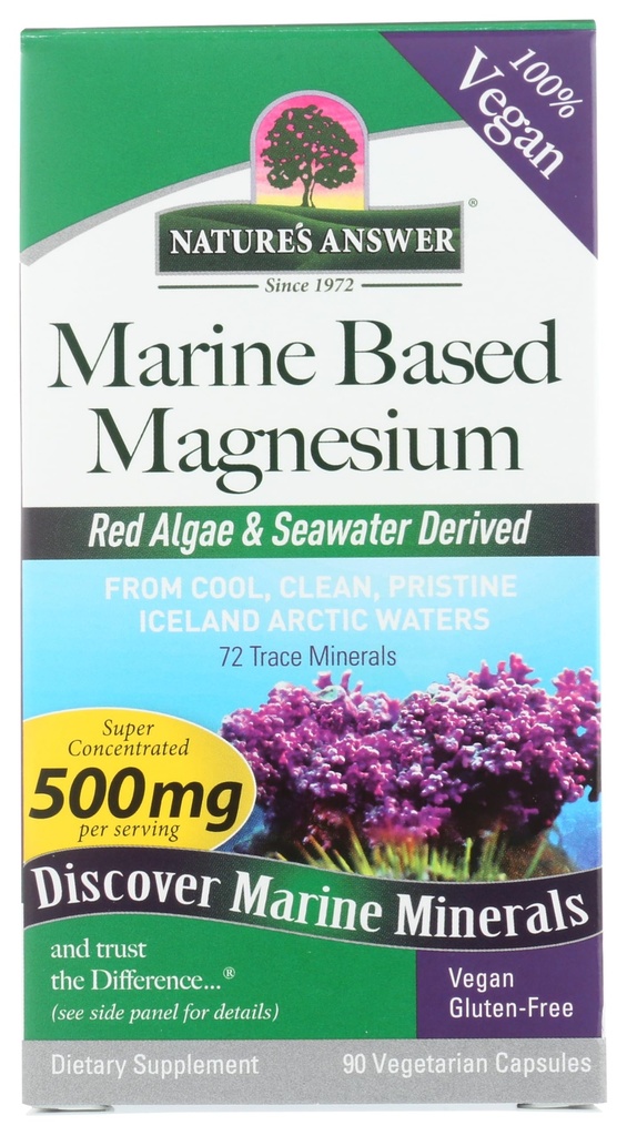 Nature 's Jawaban Marine Based Magnesium, Super berkonsentrasi 500mg 124; Tanaman berbasis 124; Algae Merah & Seawater Derived 124; Alcohol-Free & Gluten-Free 124; Vegetarian Capsules 90ct