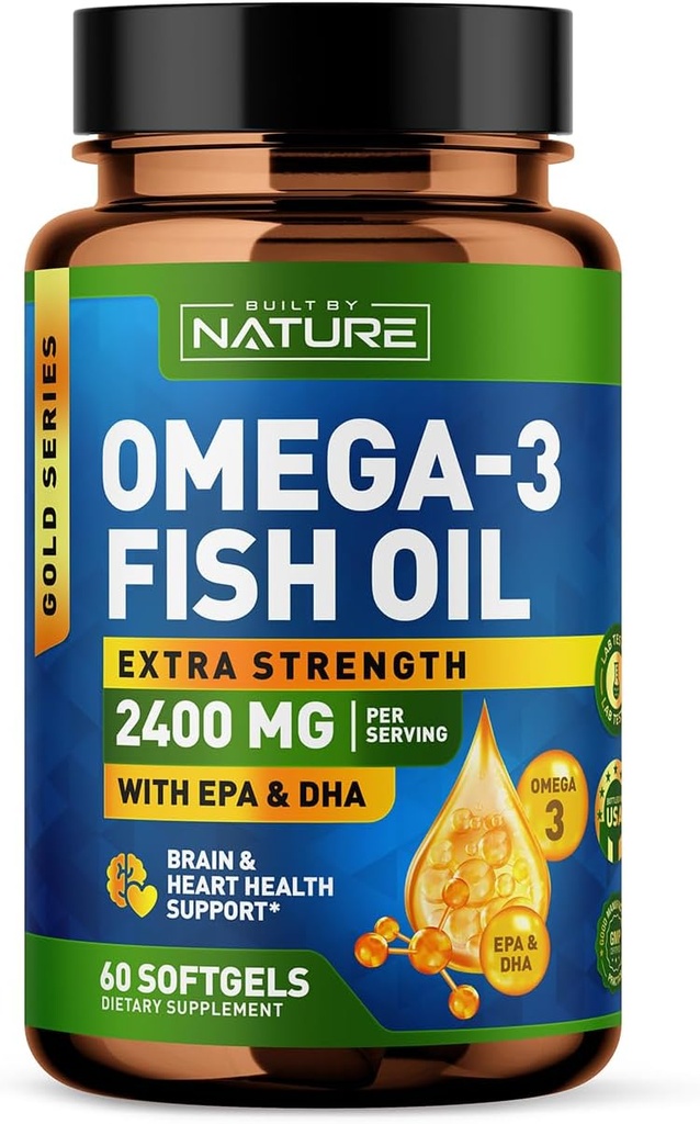 Dibangun oleh Nature Omega 3 Oil Soft Gels - 2400 mg Fish Oil, 1440 mg Omega 3, 864 mg EPA, 576 mg DHA - Ekstra Otak & Heart Support - 60 Softgels