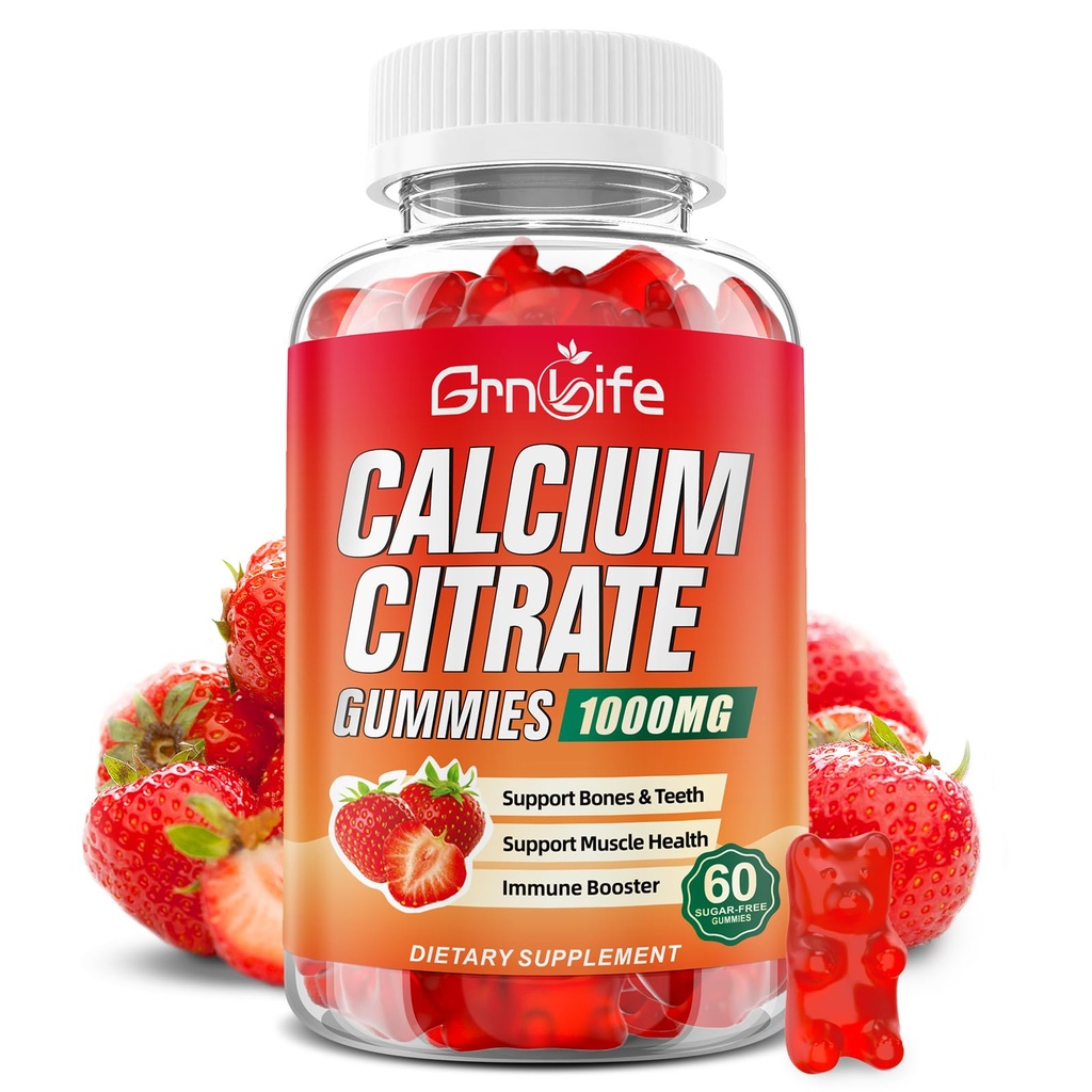Kalium Citrate Gummies, Sugar Free Calcium Citrate 10000mg untuk Muscle Heally, Suplemen Absorpsi Kalsium untuk Dewasa & Anak-anak, Strawberry, 60 Count