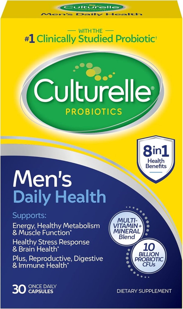 Culturelle Daily Health 8-in- 1 Probiotic and Multivitamin for Men - 30 Count - Amorially- Soured Progrex for Digetical Health & Imune Dukungan, dengan Magnesium, Vitamin D3, Vitamin C, Vitamin B12