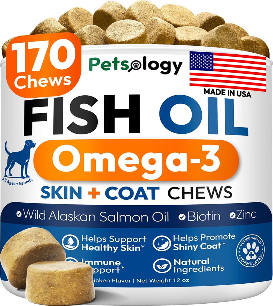 Omega 3 Fish Oil for Dogs - 170 Chews - Omega 3 for Dogs Itchy Skin & Allergy Relief
