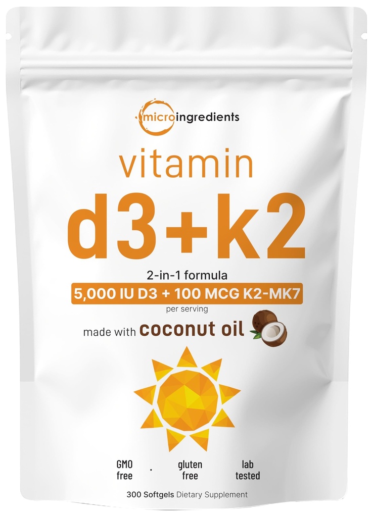 Mikro Ingrediens Vitamin D3 5.000 IU + K2 MK-7 100 mcg, 300 Softgels 124; Virgin Coconut Oil 12.2- 1 Bone, Imune & Heart Dukungan 124; Mudah untuk Swallow, Non-GMO