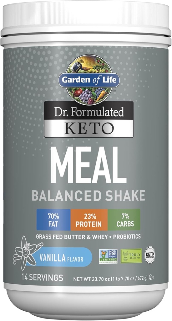 Garden of Life Dr. Formulated Keto Meal Balanced Shake - Vanilla Powder, 14 hamba, Truly Grass Fed Butter & Whey Protein plus Probica, Non-GMO, Gluten Free, Ketogenic, Paleo Meal Replacement