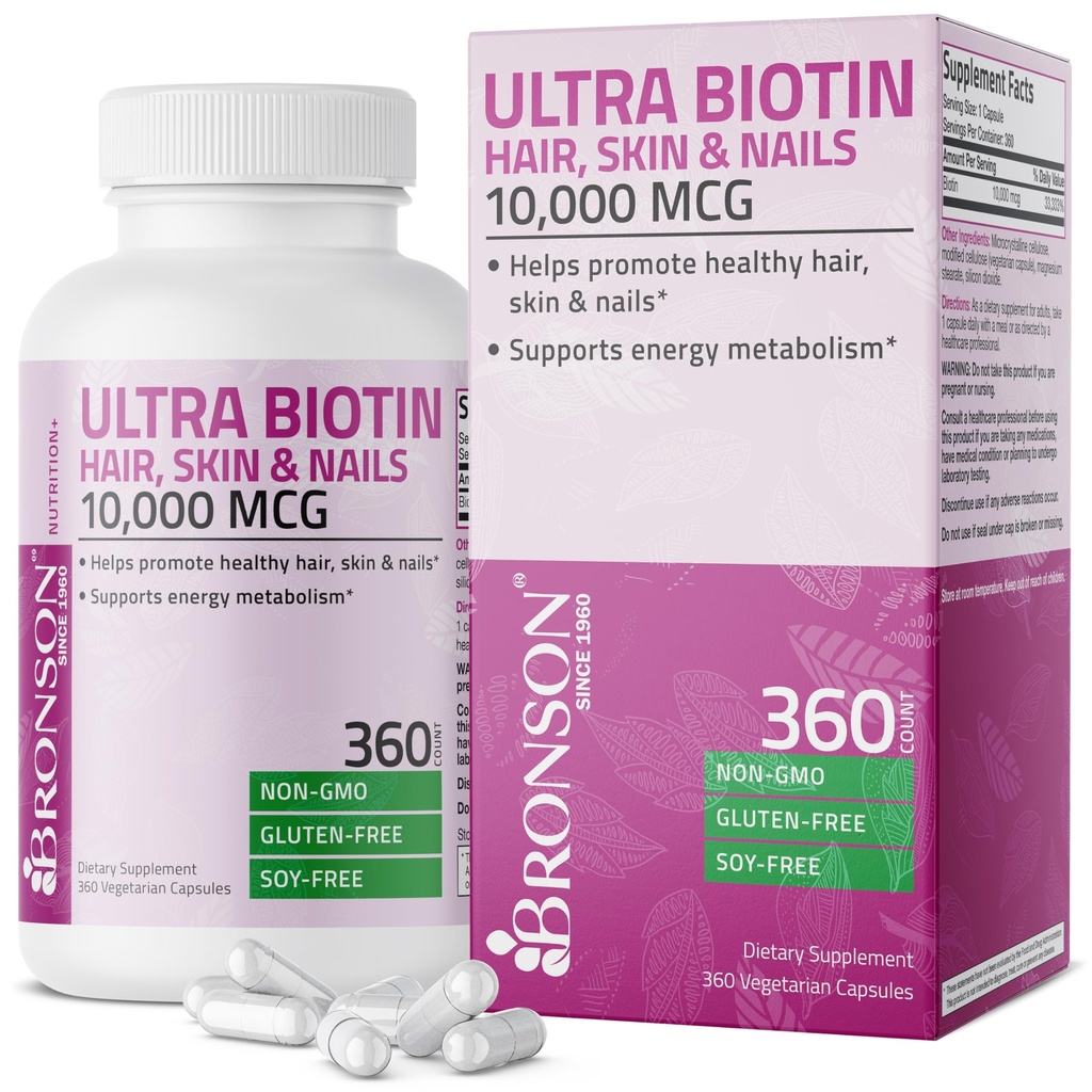Bronson Ultra Biotin 10,000 Mcg Hair Skin dan Nails Suplemen, Non- GMO, 360 Vegetarian Capsule
