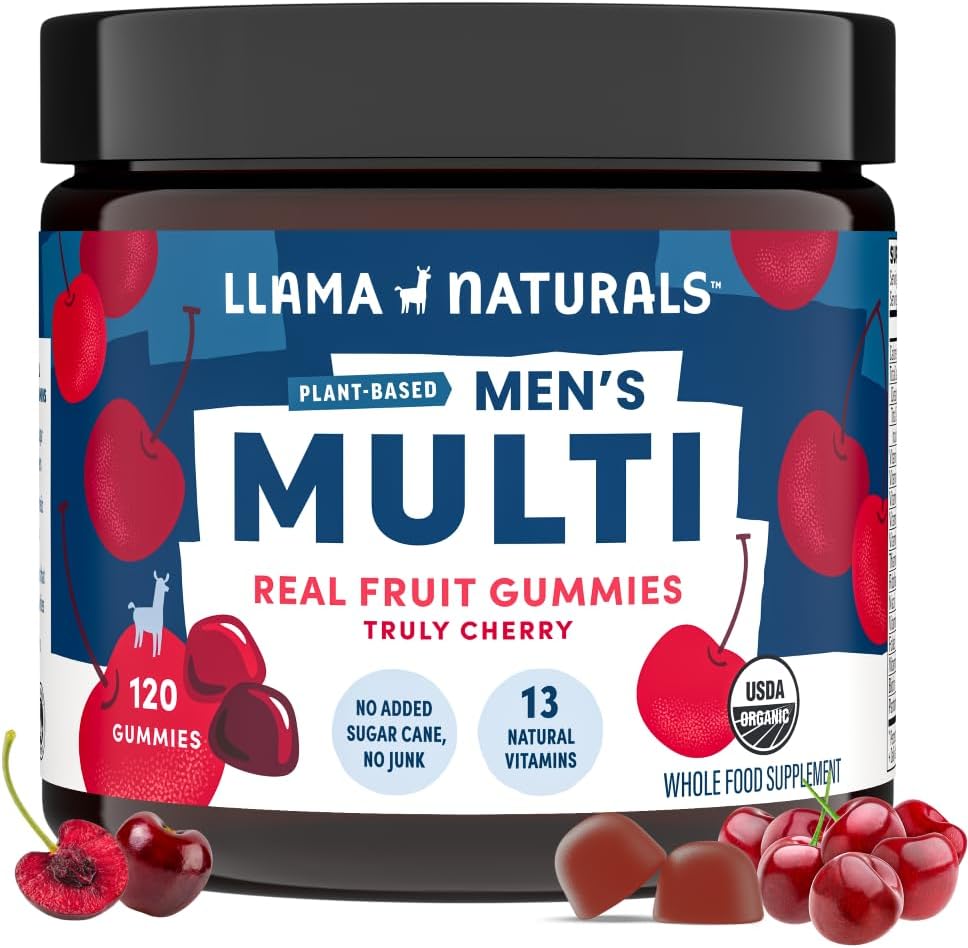 Llama Multivitamin untuk Pria, Vegan, Gumi Organik dengan Vitamin D, C dan K, Gummy Vitamin Real Pria, Suplemen Multivitamin Cheable, Tanpa Ditambahkan Sugar Cane, Cherry, 120 Ct