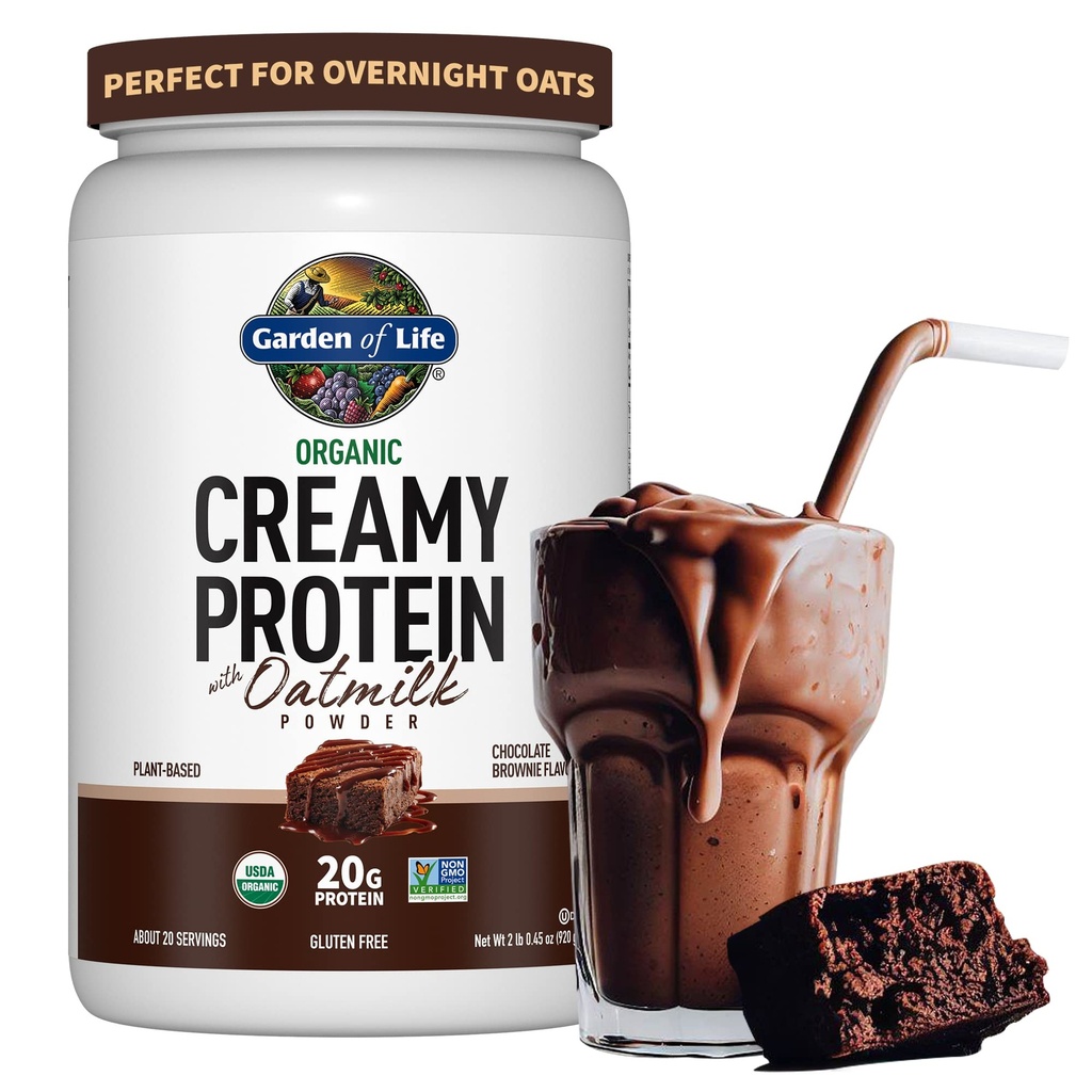 Garden of Life Cream Organic Vegan Powder + OatMilk, 20g Complete Plant Based Protein, Coconut Water, MCTS, Sprouted Grains, Pregren, Progories - Gluten- Free, Chocolate Brownie, 2 LBS