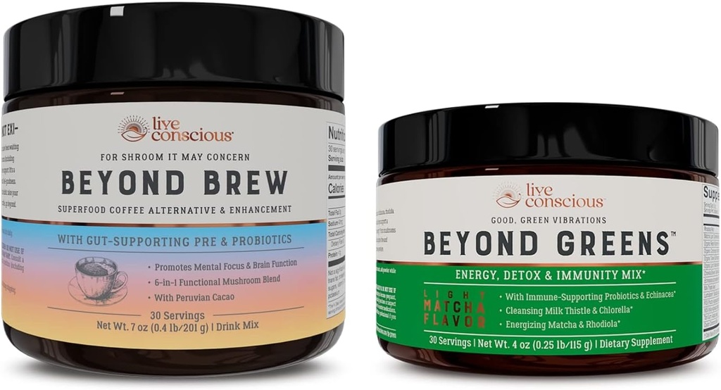 Live Conscious Beyond Greenens & Beyond Brew 124; Delicious Greens Powder for Bloating + Mushroom Superfood Coffee Alternatif Free