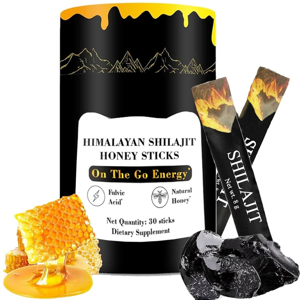 Shilajit Honey Sticks, Himalaya Shilajit Honey Sticks, Pure Himalaya Resin, Honey & Saffron, 30 High Absorpsi Sticks for Energy, Strength & Cognitive Support