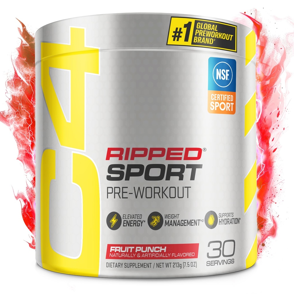 C4 Ripping Sport Pre Workout Fruit Punch - NSF Bersertifikat untuk Sport + Zero Sugar Pretraining Energy Suplemen Pria & Women - 135mg Caffeine + Weight Los - 30 Servings